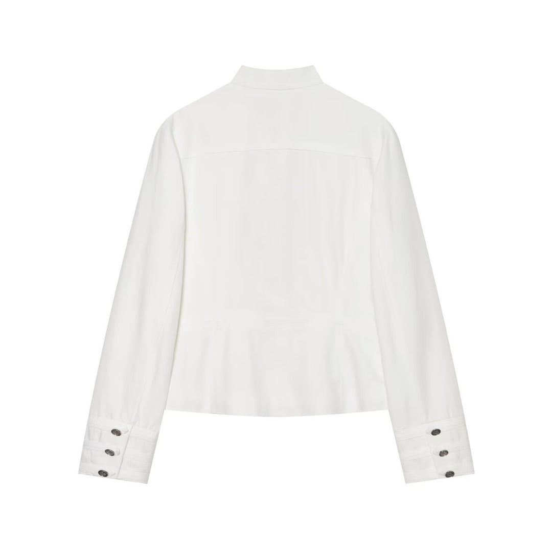 Women Short Military Inspired Jacket with Stand-Up Collar Double-Breasted Buttons and Zipper Mune Fashion