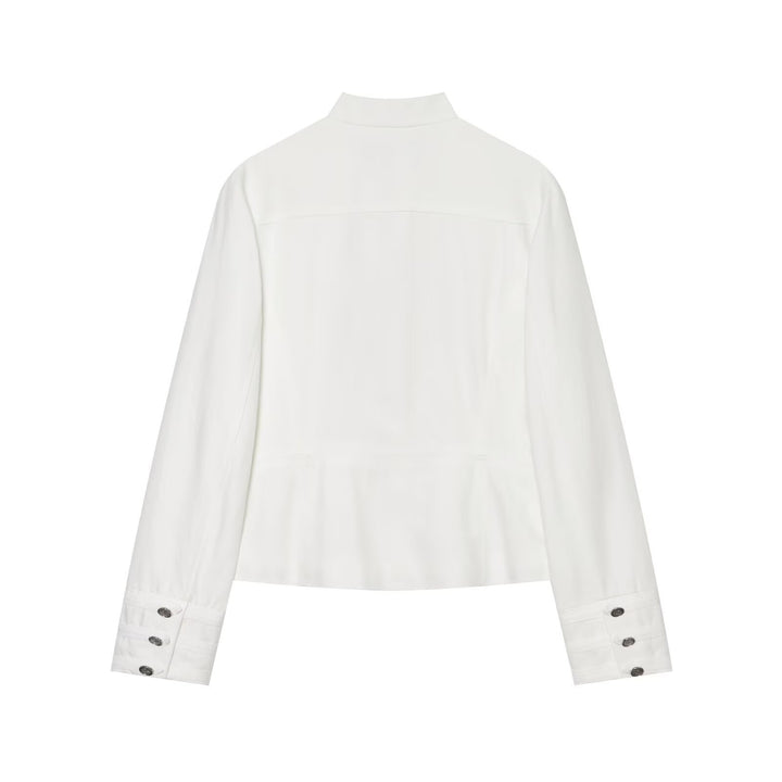 Women Short Military Inspired Jacket with Stand-Up Collar Double-Breasted Buttons and Zipper Mune Fashion