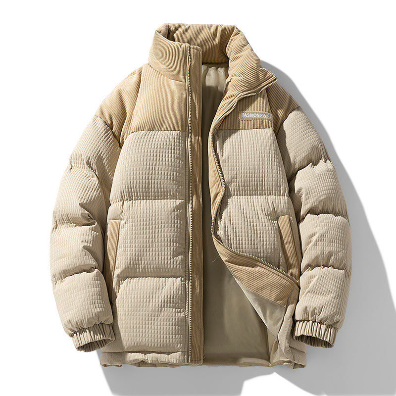 Men's Padded Corduroy-Look Quilted Jacket with High Standing Collar and Thermal Lining Mune Fashion