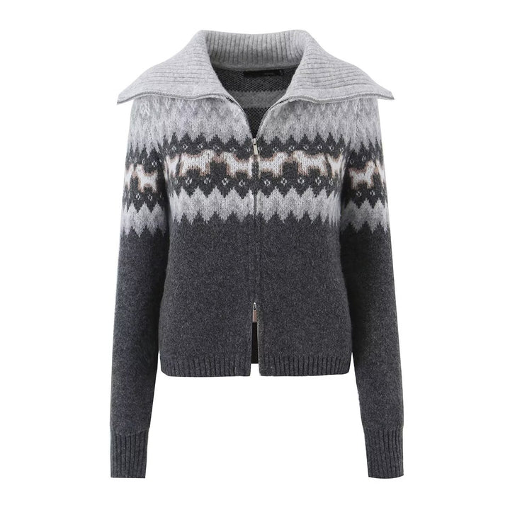 Women's Knitted Zip Cardigan with Norwegian Pattern and Extra Wide Turn-Down Collar Mune Fashion