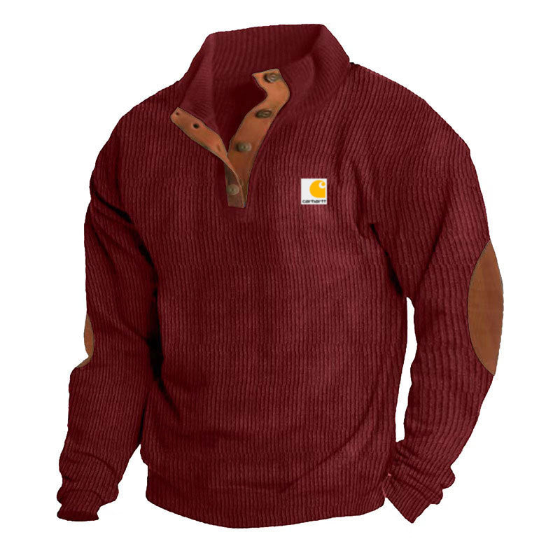 Men's knitted pullover in Troyer style with stand-up collar leather trim snap button placket and elbow patches Mune Fashion