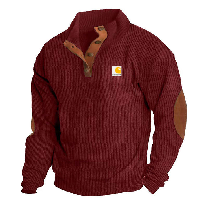 Men's knitted pullover in Troyer style with stand-up collar leather trim snap button placket and elbow patches Mune Fashion