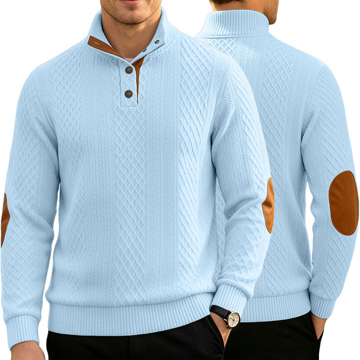 Men's Cable Knit Jumper with Stand-Up Collar and Leather Look Elbow Patches Mune Fashion