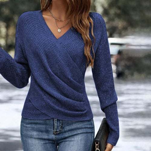 Women's figure-hugging wrap knitted pullover with V-neck and fine ribbed texture Mune Fashion