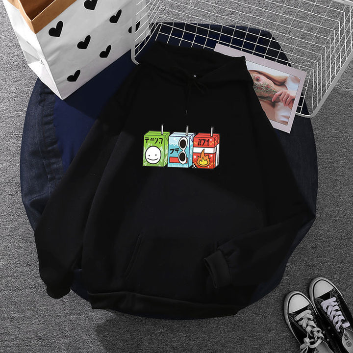 Ladies oversized hoodie with cartoon drink carton print, kangaroo pocket and soft inner lining Mune Fashion