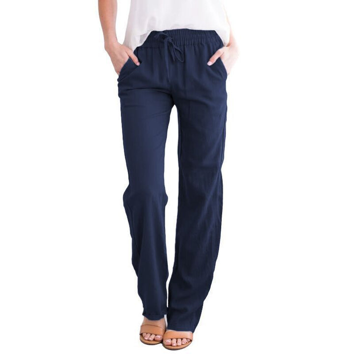 Women Light Linen Look Palazzo Pants with Elastic Waist, Drawstring and Side Pockets Mune Fashion