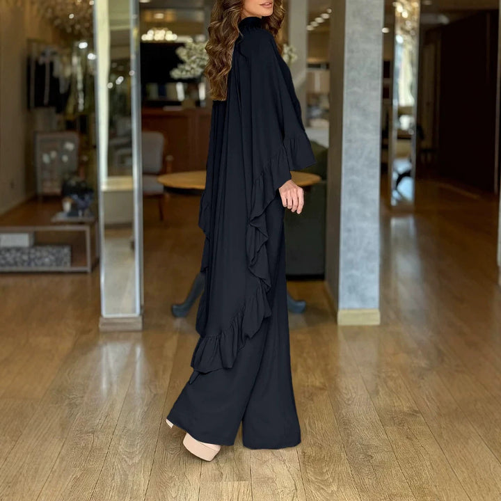 Women's Elegant Jumpsuit with Cape Ruffle and Wide Palazzo Pants Leg Drune
