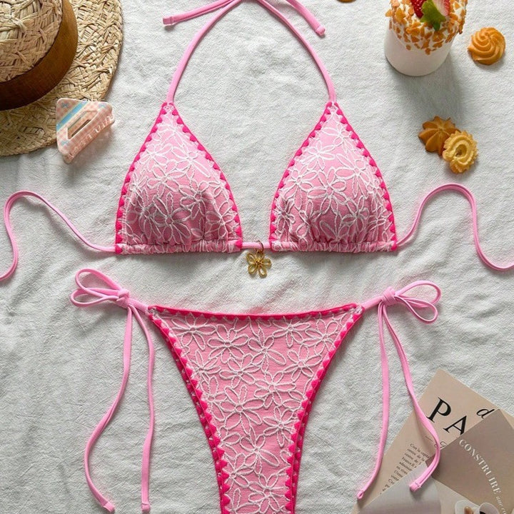 Women Triangle Bikini Set with Floral Embroidery Mune Fashion