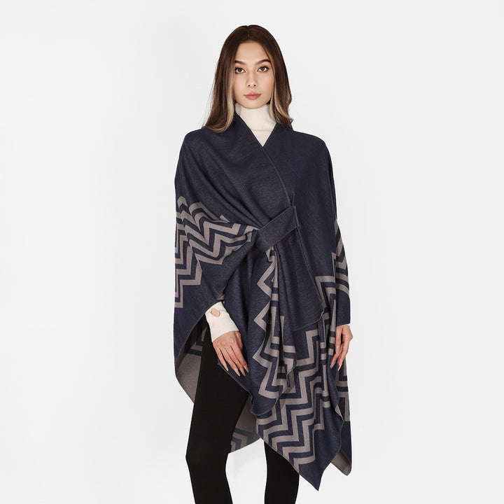 Women Wool Blend Cape Poncho with Tie Belt and Graphic Zigzag Pattern Mune Fashion