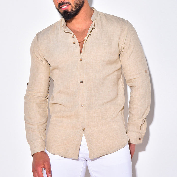 Men's Lightweight Linen Shirt with Stand-up Collar, Button Placket and Sleeve Roll-up Function Mune Fashion