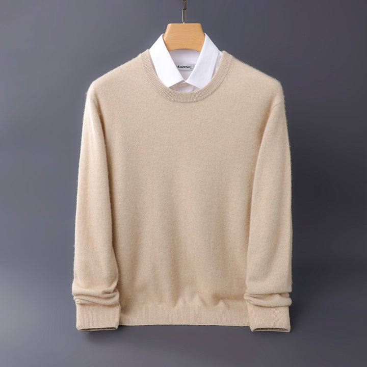 Men's Fine Round Neck Knit Sweater in Cashmere Look with Ribbed Cuffs Mune Fashion