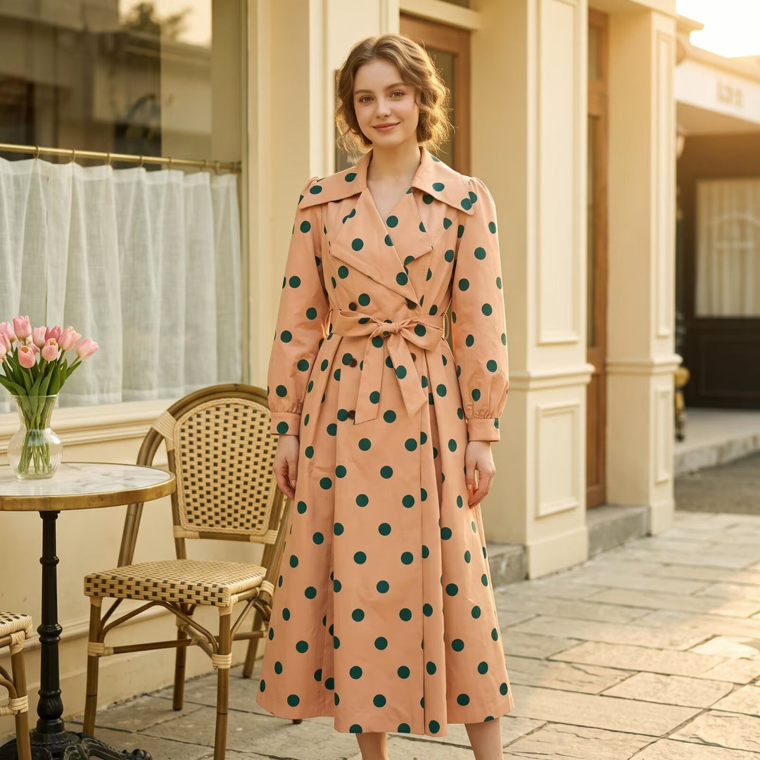 Women's Long Double-Breasted Trench Coat with Ruffle Collar, Balloon Sleeves and Waist Belt Mune Fashion