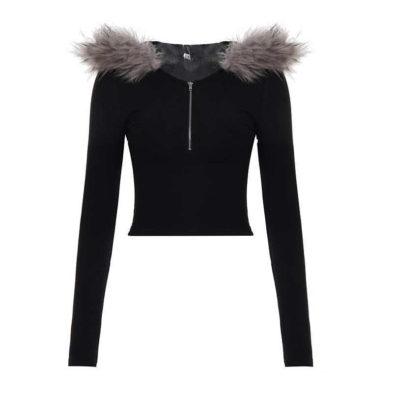 Women's cropped hoodie sweatshirt with faux fur trim, zipper, and pom-pom cords Mune Fashion