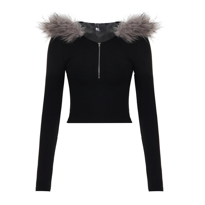 Women's cropped hoodie sweatshirt with faux fur trim, zipper, and pom-pom cords Mune Fashion