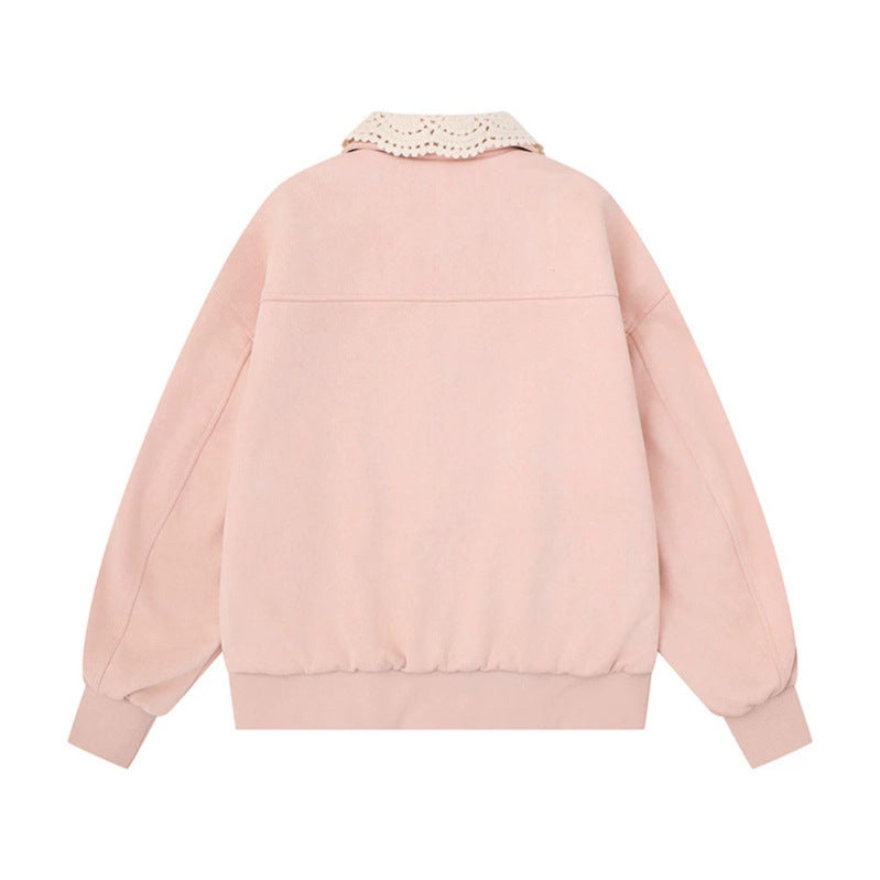 Women's buttoned oversized sweat jacket with crocheted collar and star appliqués Mune Fashion