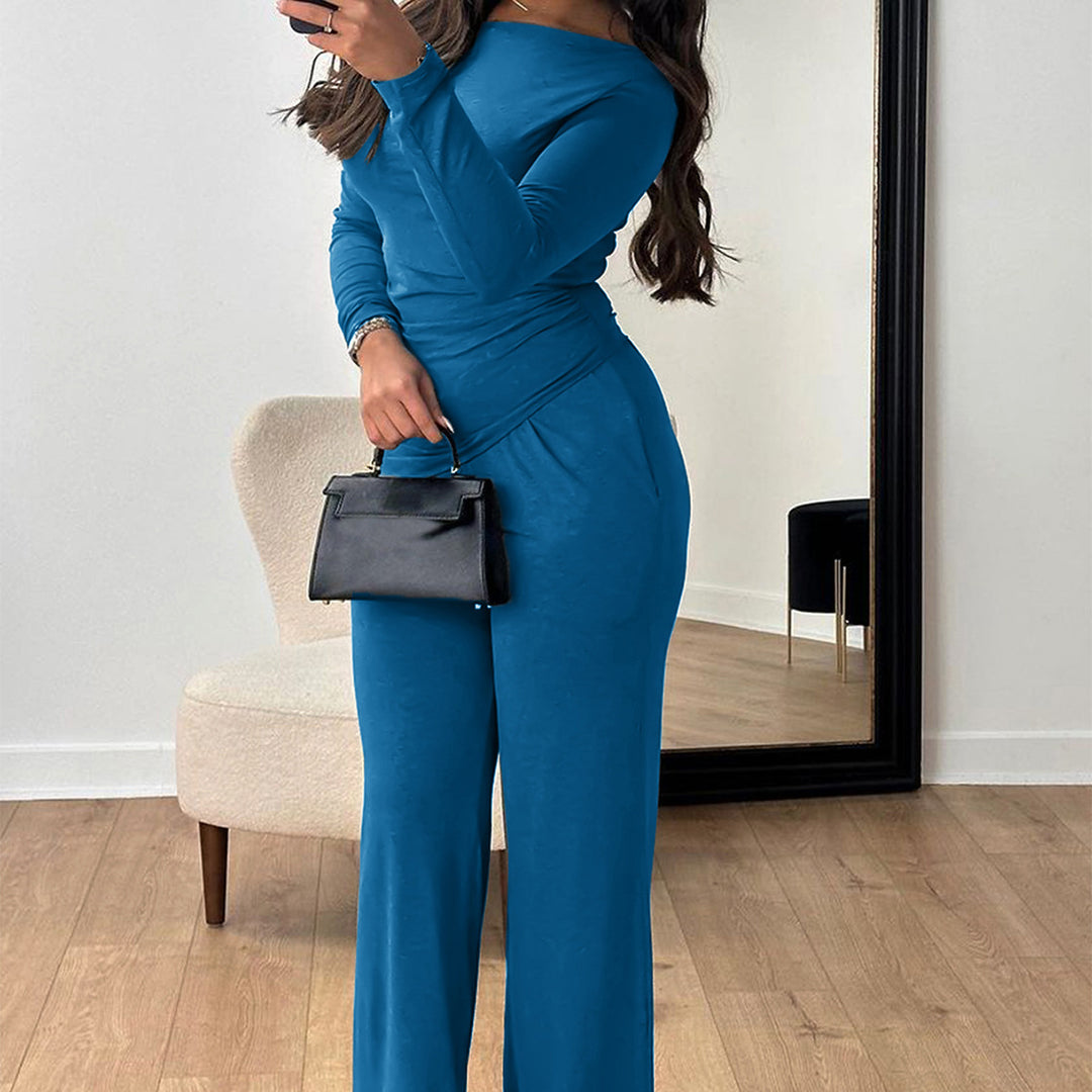 Women's two-piece jersey set with asymmetric wrap look, long-sleeve top, and wide high-waist pants Mune Fashion