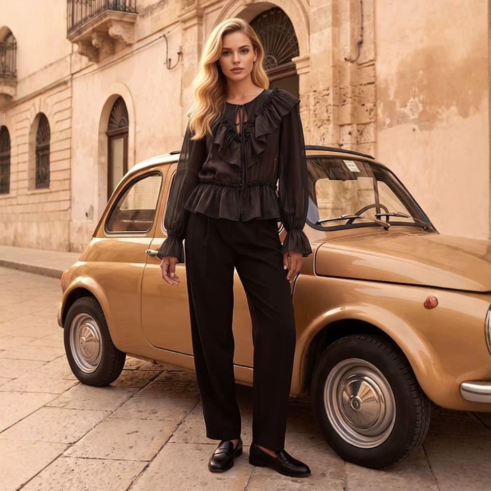 Women Ruffled transparent chiffon blouse with flounce peplum, long balloon sleeves and drawstring closure Mune Fashion