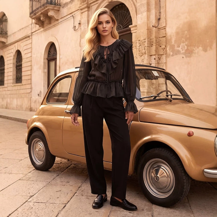 Women Ruffled transparent chiffon blouse with flounce peplum, long balloon sleeves and drawstring closure Mune Fashion