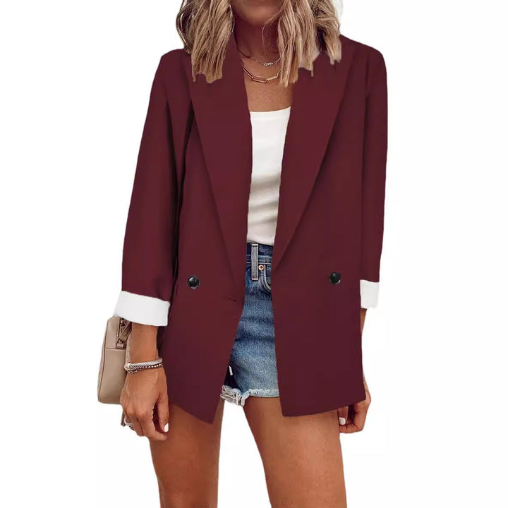 Women's Oversize Longline Blazer with 3/4 Sleeves, Contrast Lapel and Patch Pockets Mune Fashion