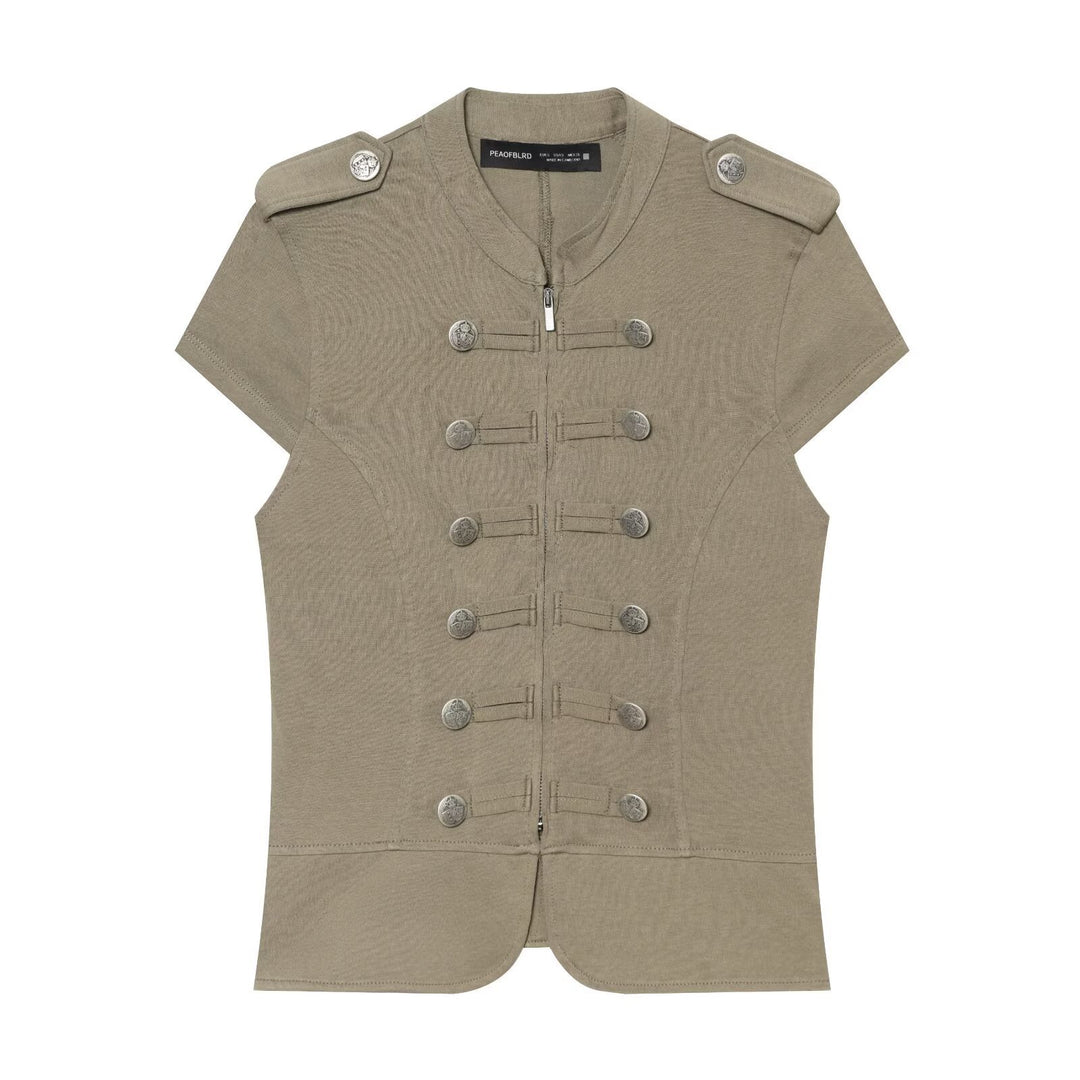 Women’s short-sleeved military-inspired vest with decorative straps and metal buttons Mune Fashion
