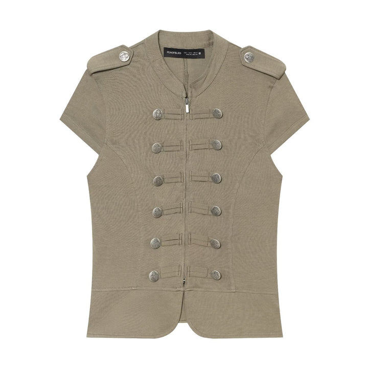 Women’s short-sleeved military-inspired vest with decorative straps and metal buttons Mune Fashion