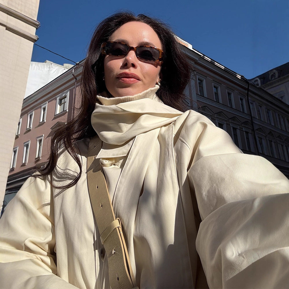 Ladies Short Oversize Trench Coat with High Stand-Up Collar, Concealed Button Placket & Wide Cuffs Mune Fashion