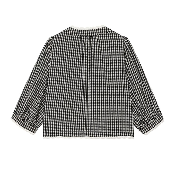 Ladies Vichy Check Blouse with Lace Trim, Tie Band and Three-Quarter Balloon Sleeves Mune Fashion