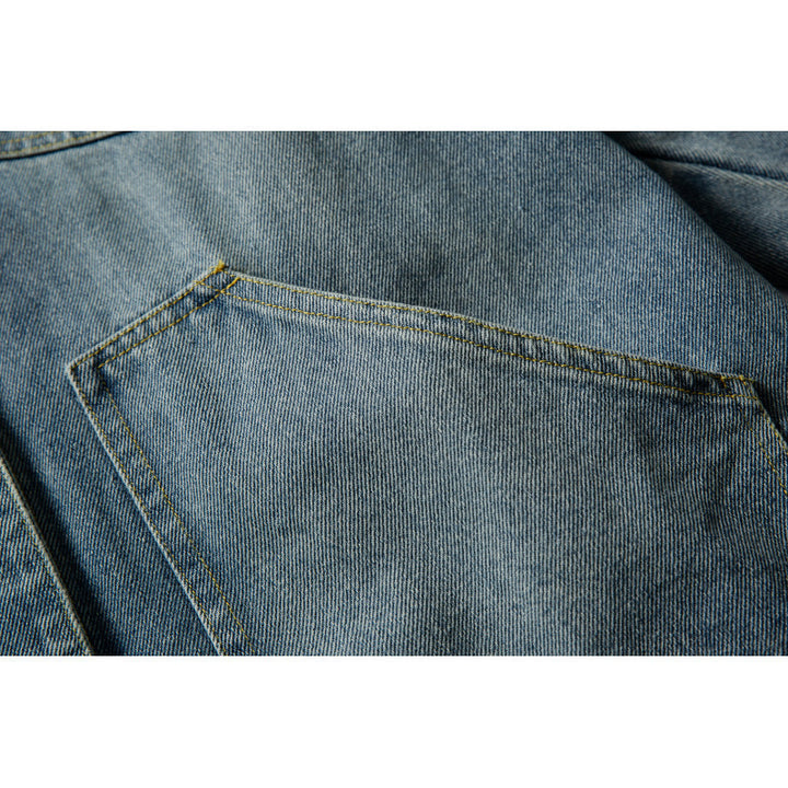 Unisex Boxy Denim Jacket with Leather Collar, Snap Button Placket and Flap Pockets Mune Fashion