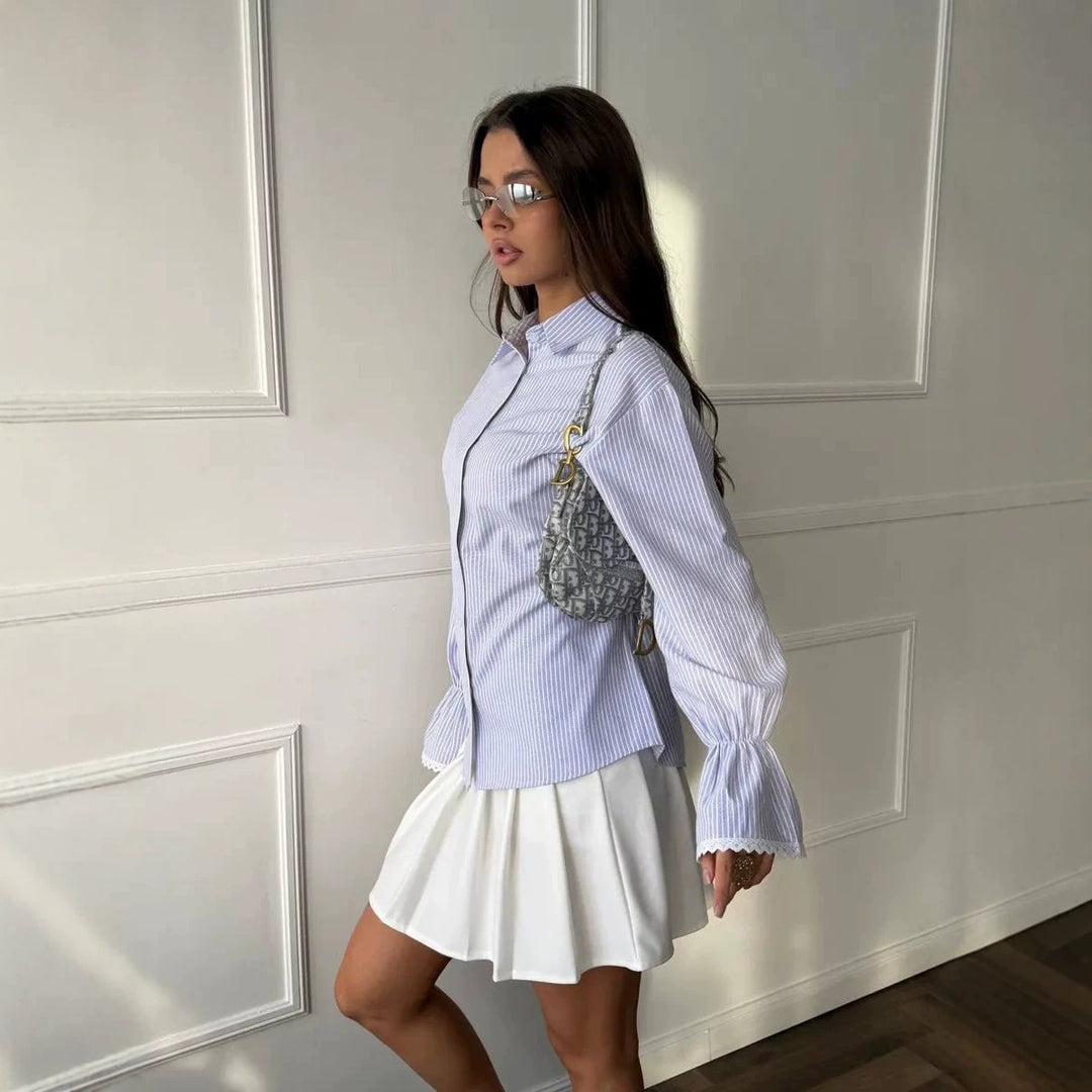 Ladies Striped Cotton Blouse with Lace Trim on Bell Sleeves Mune Fashion