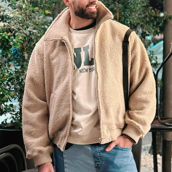 Men's Teddy Fleece Jacket with Zipper, Stand-Up Collar and Ribbed Cuffs Mune Fashion