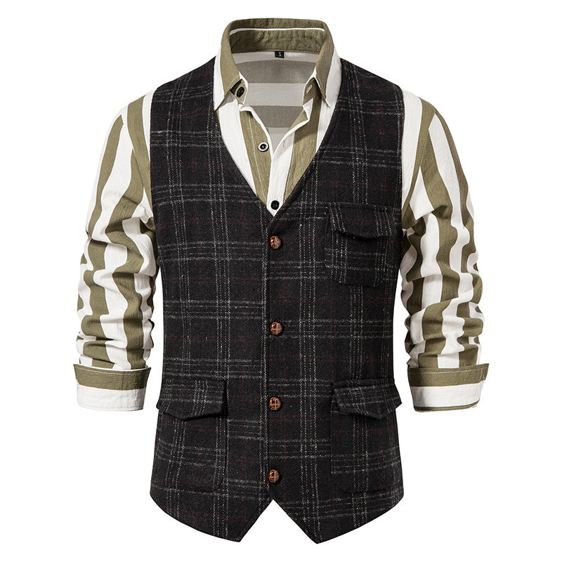 Men's checked wool blend gilet with chest pocket and patch side pockets Mune Fashion