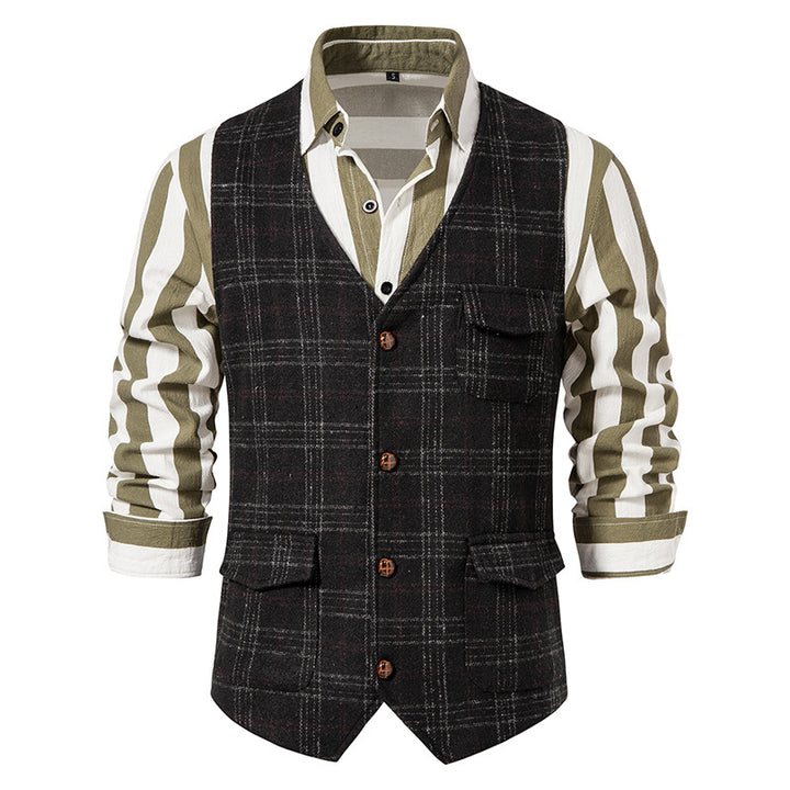 Men's checked wool blend gilet with chest pocket and patch side pockets Mune Fashion