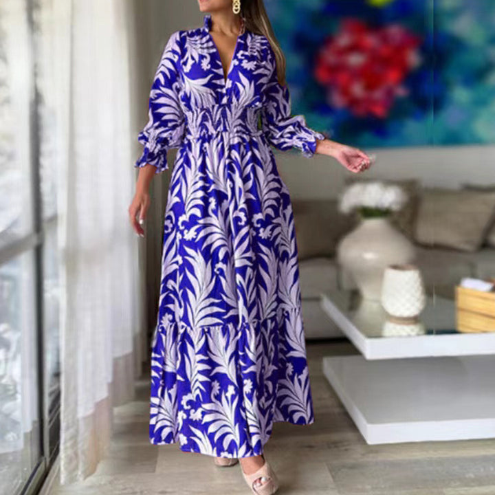 Women Long Maxi Dress with V-Neck, Elastic Smocked Waistband, Tiered Skirt, and Balloon Sleeves Drune
