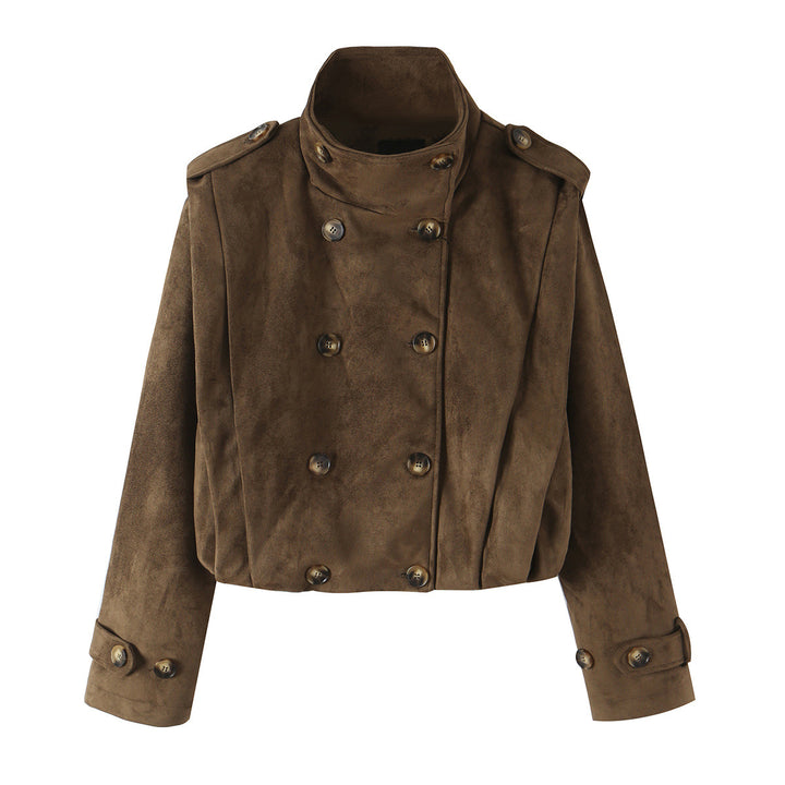 Women Short Double-Breasted Suede Jacket with Stand-Up Collar and Epaulettes Mune Fashion