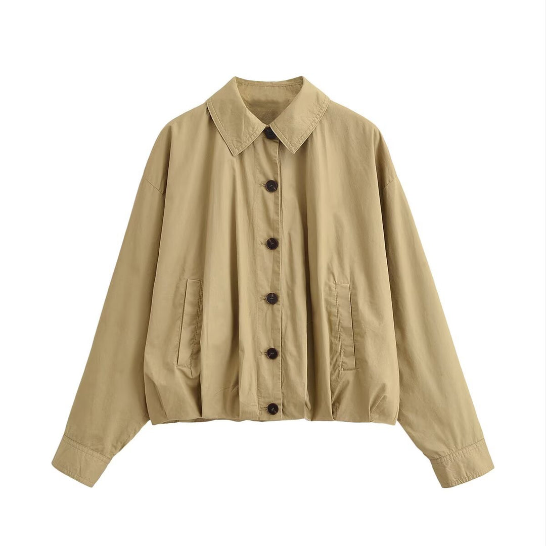 Women's Oversized Cropped Bomber Style Jacket with Shirt Collar and Gathered Hem Mune Fashion