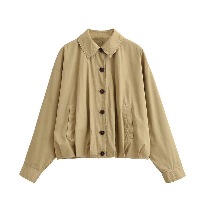 Women's Oversized Cropped Bomber Style Jacket with Shirt Collar and Gathered Hem Mune Fashion