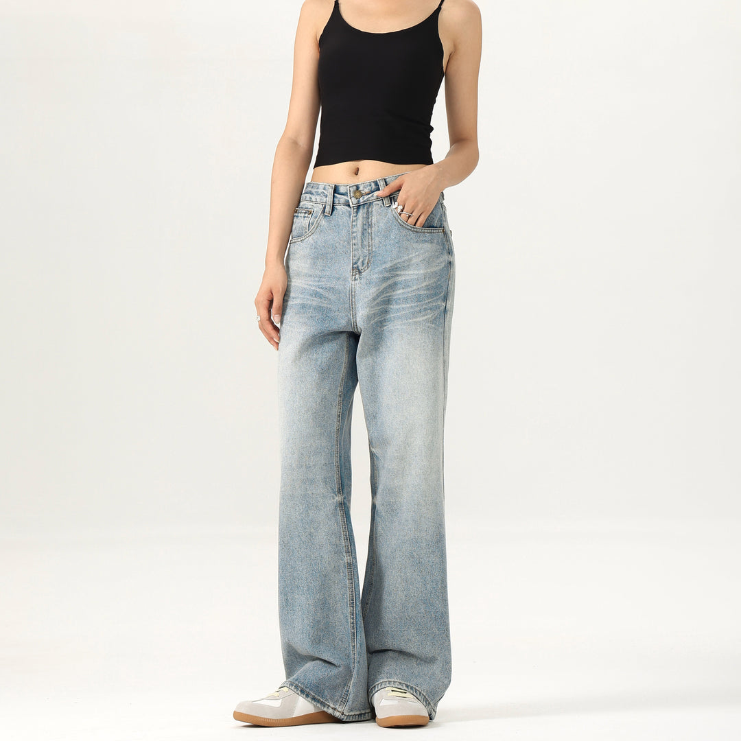 Women Relaxed Straight-to-Flare Jeans in Vintage Look with Extra Long Hem Edge Mune Fashion