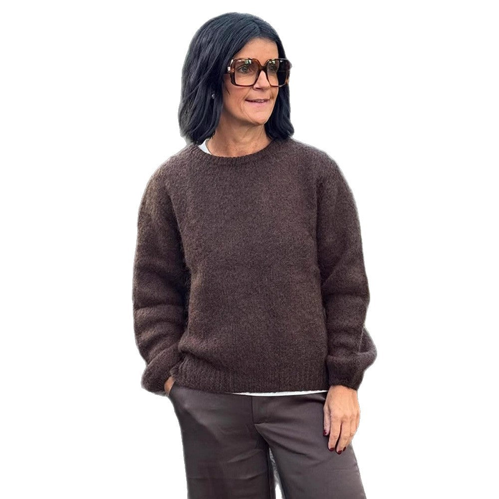 Women Fluffy Round Neck Sweater with Balloon Sleeves and Boxy Silhouette Mune Fashion