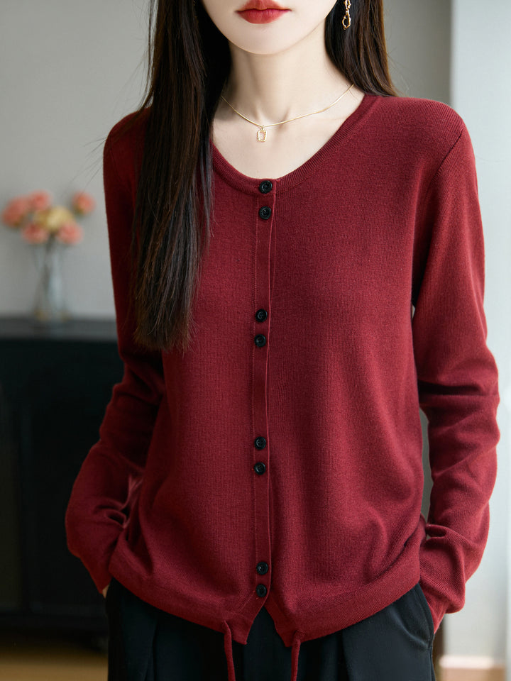 Women Lightweight Fine Knit Button Placket Cardigan with Round Neck Mune Fashion