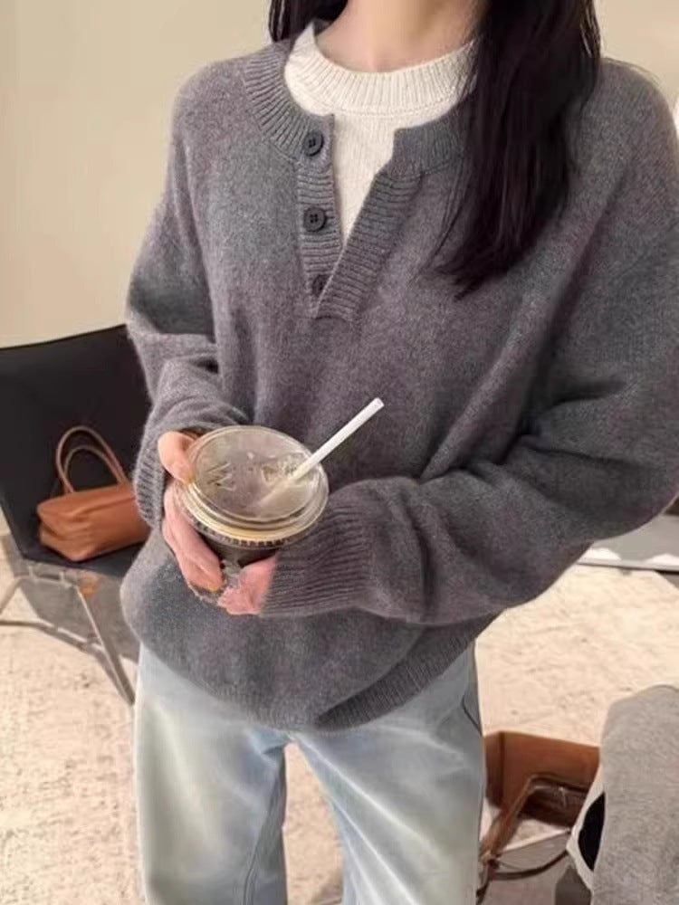 Women's Oversize Henley Sweater made of fluffy Mohair-look with button placket Mune Fashion