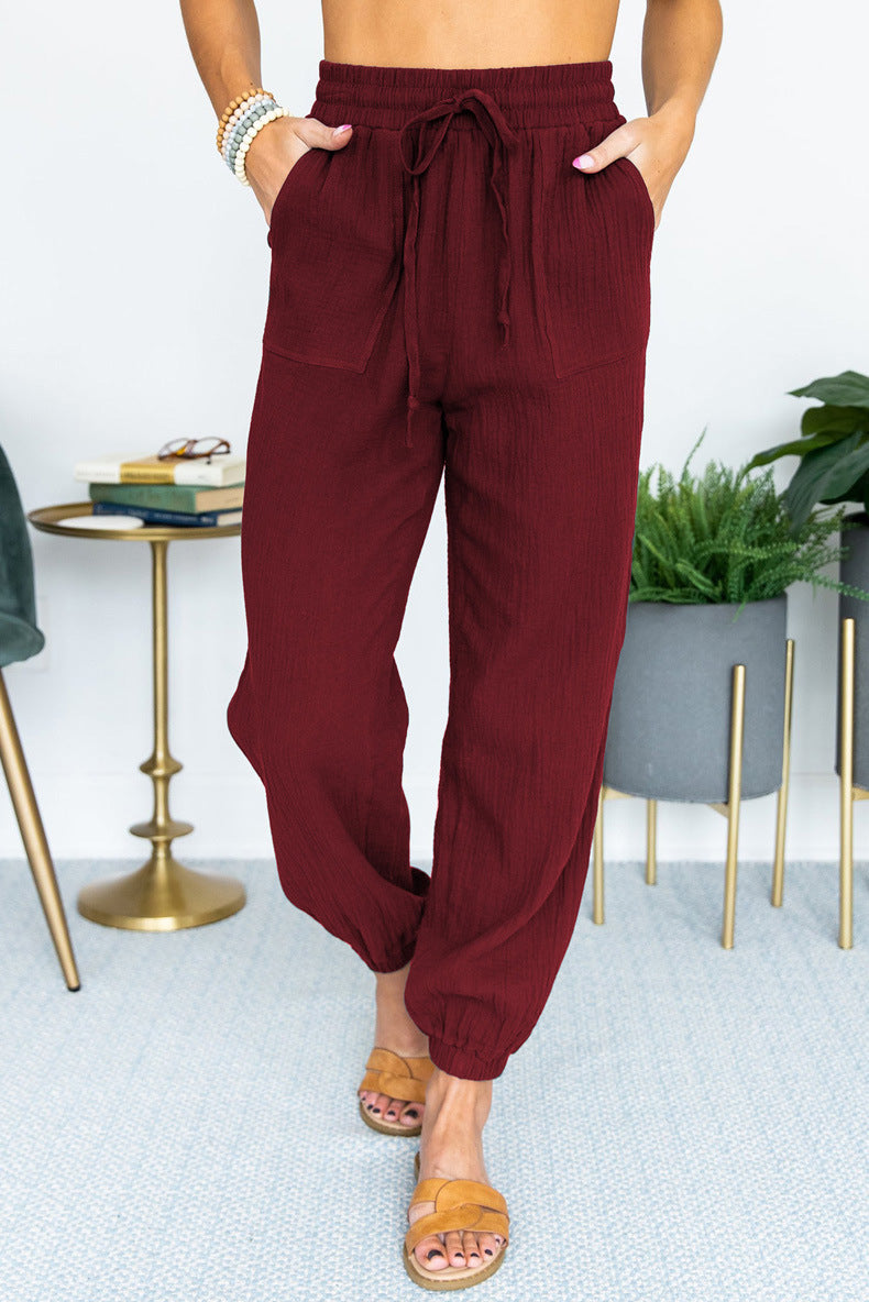 Women's Lightweight Linen Jogger Pants with Drawstring, Patch Pockets, and Elastic Cuffs Mune Fashion