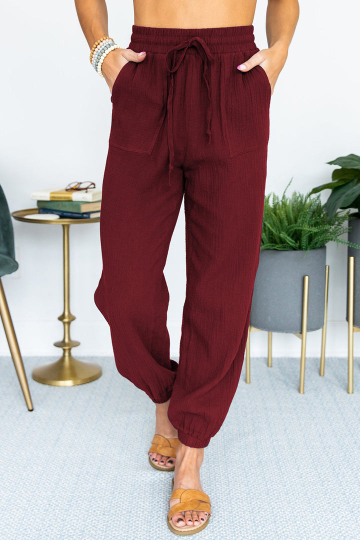 Women's Lightweight Linen Jogger Pants with Drawstring, Patch Pockets, and Elastic Cuffs Mune Fashion