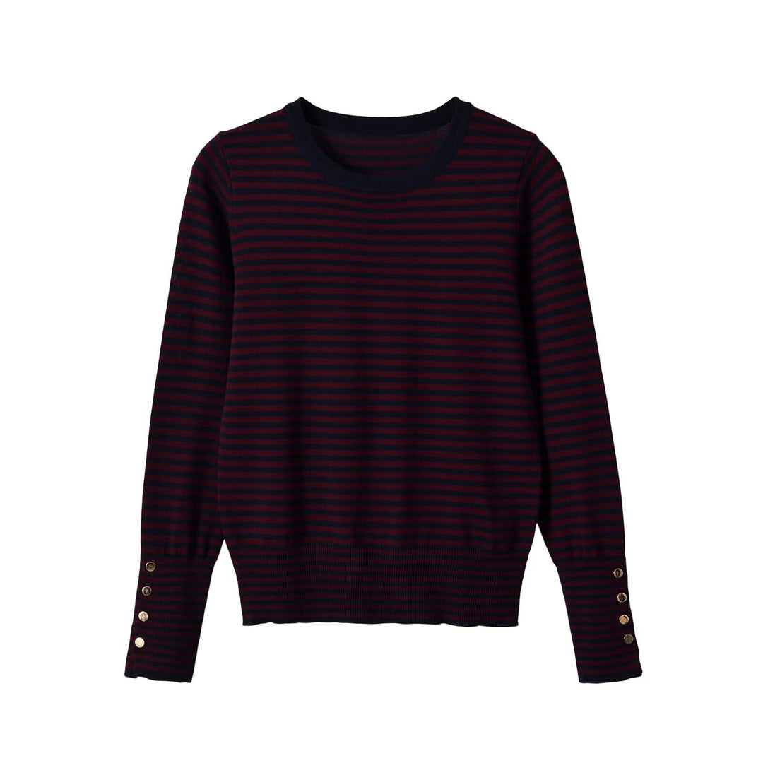 Women's fine knit pullover with stripe pattern, round neckline and decorative button detail Mune Fashion