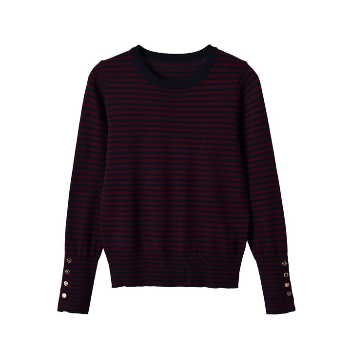 Women's fine knit pullover with stripe pattern, round neckline and decorative button detail Mune Fashion