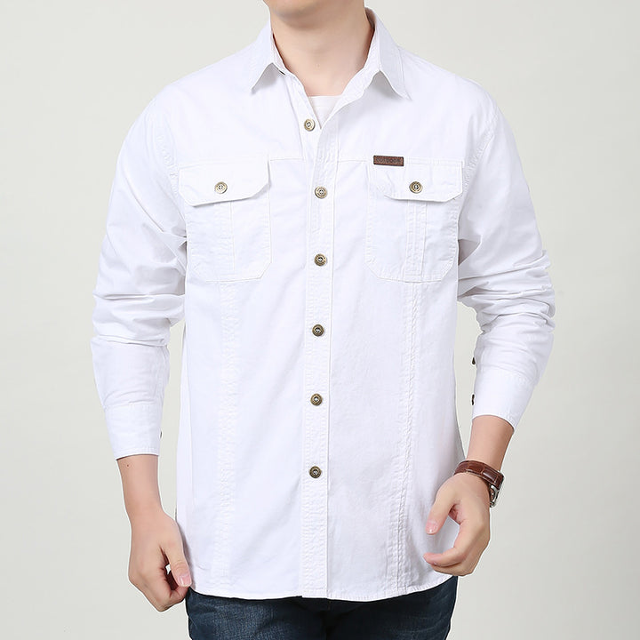 Men's casual canvas shirt with two patch breast pockets and reinforced seams.