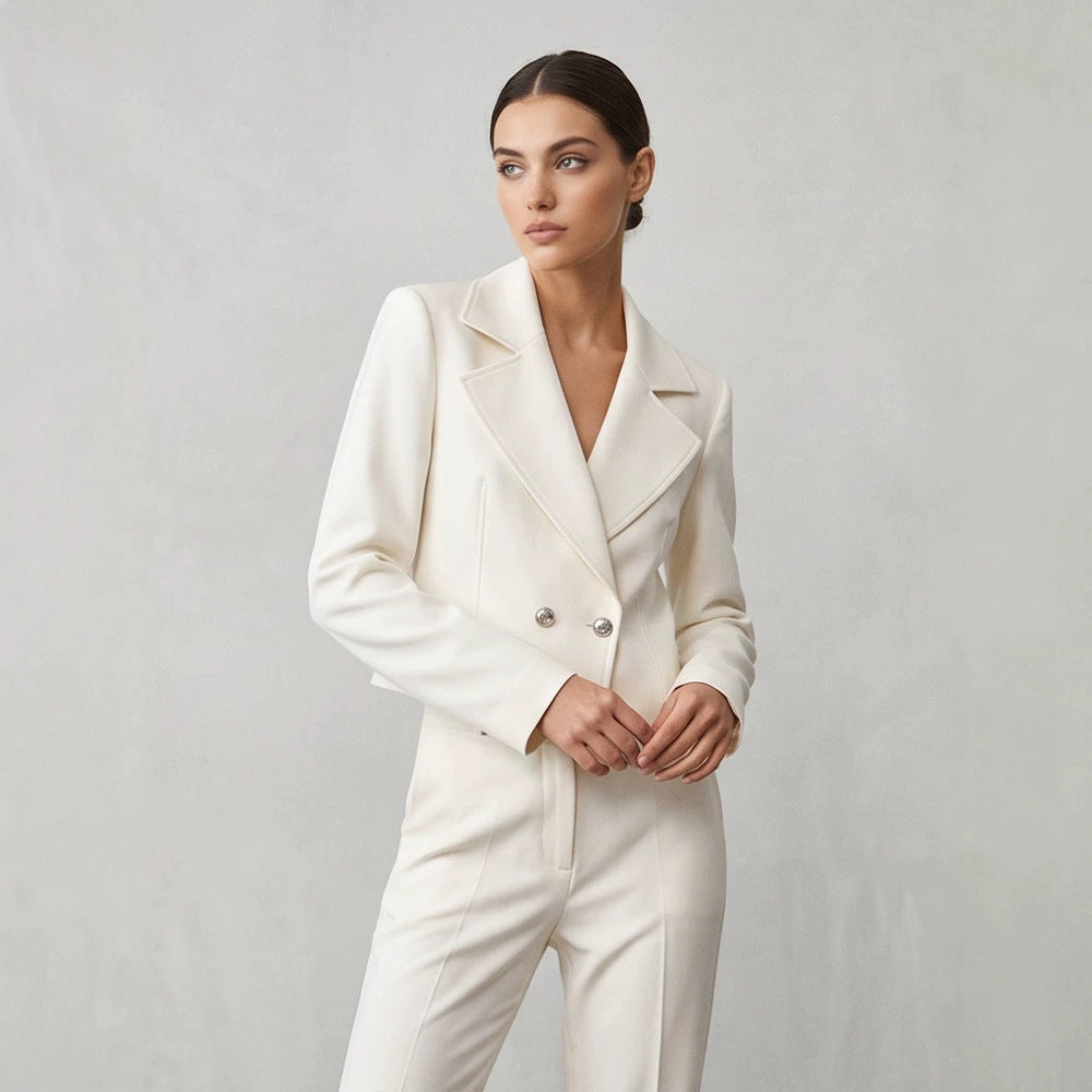 Women's Short Tailored Double-Breasted Shawl Collar Blazer with Emphasized Shoulder Area Mune Fashion
