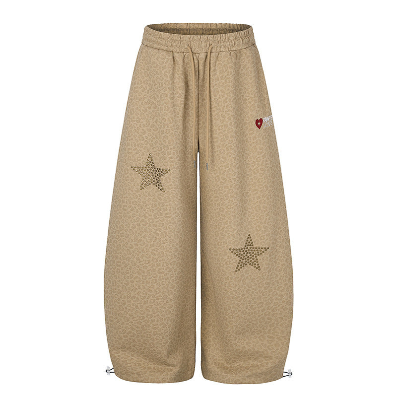Women's Extra Wide Palazzo Training Pants with Elastic Waistband, Drawstring, and Decorative Star Studs Mune Fashion