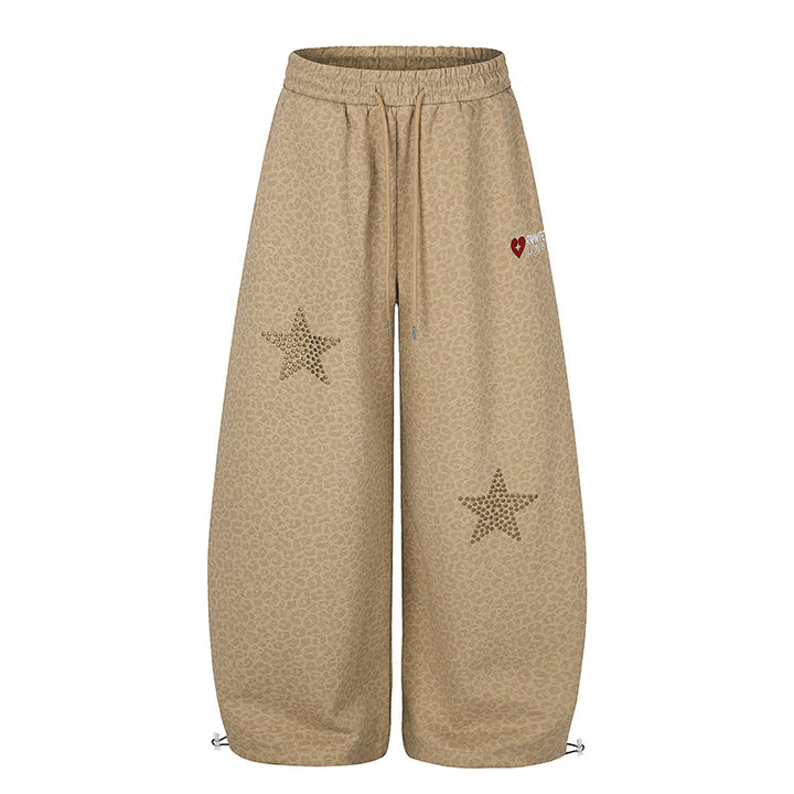 Women's Extra Wide Palazzo Training Pants with Elastic Waistband, Drawstring, and Decorative Star Studs Mune Fashion