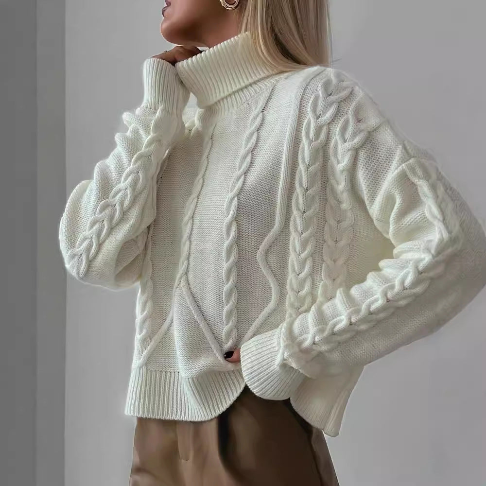 Womens chunky knit turtleneck sweater with cable knit details Mune Fashion