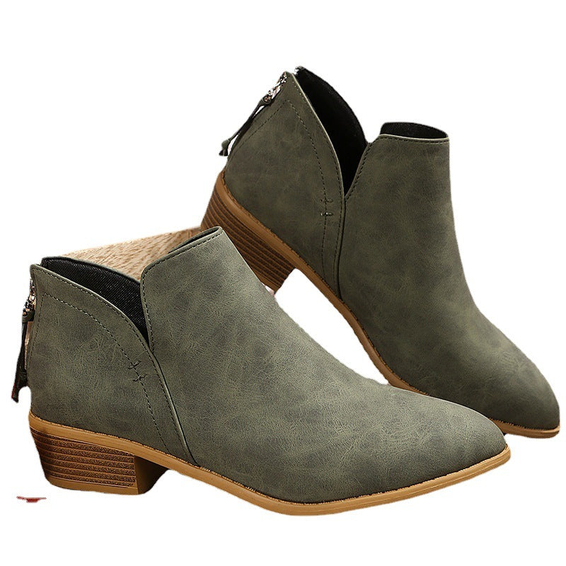 Women’s pointed ankle boots with low wooden block heel, V-Cut side opening and rear zipper Mune Fashion